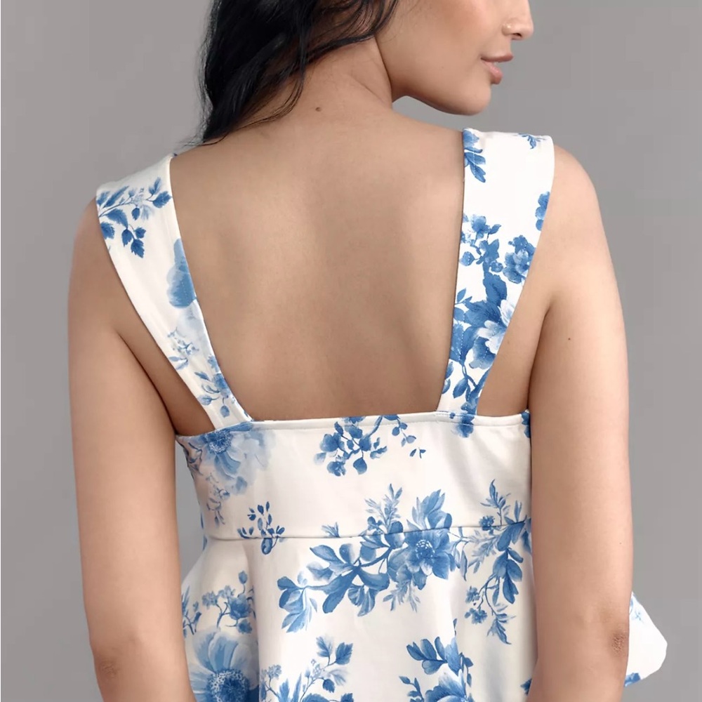NWT Maeve Blue White Floral Square Neck Peplum Top Medium - Picture 8 of 8